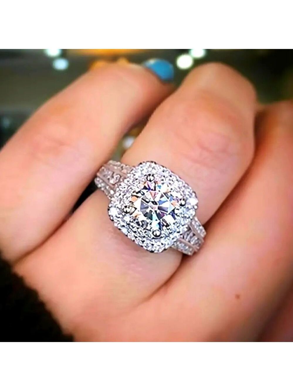 Elegant Classy Ring Square Halo Design Paved Full Shiny Zircon Silver Tone Ring